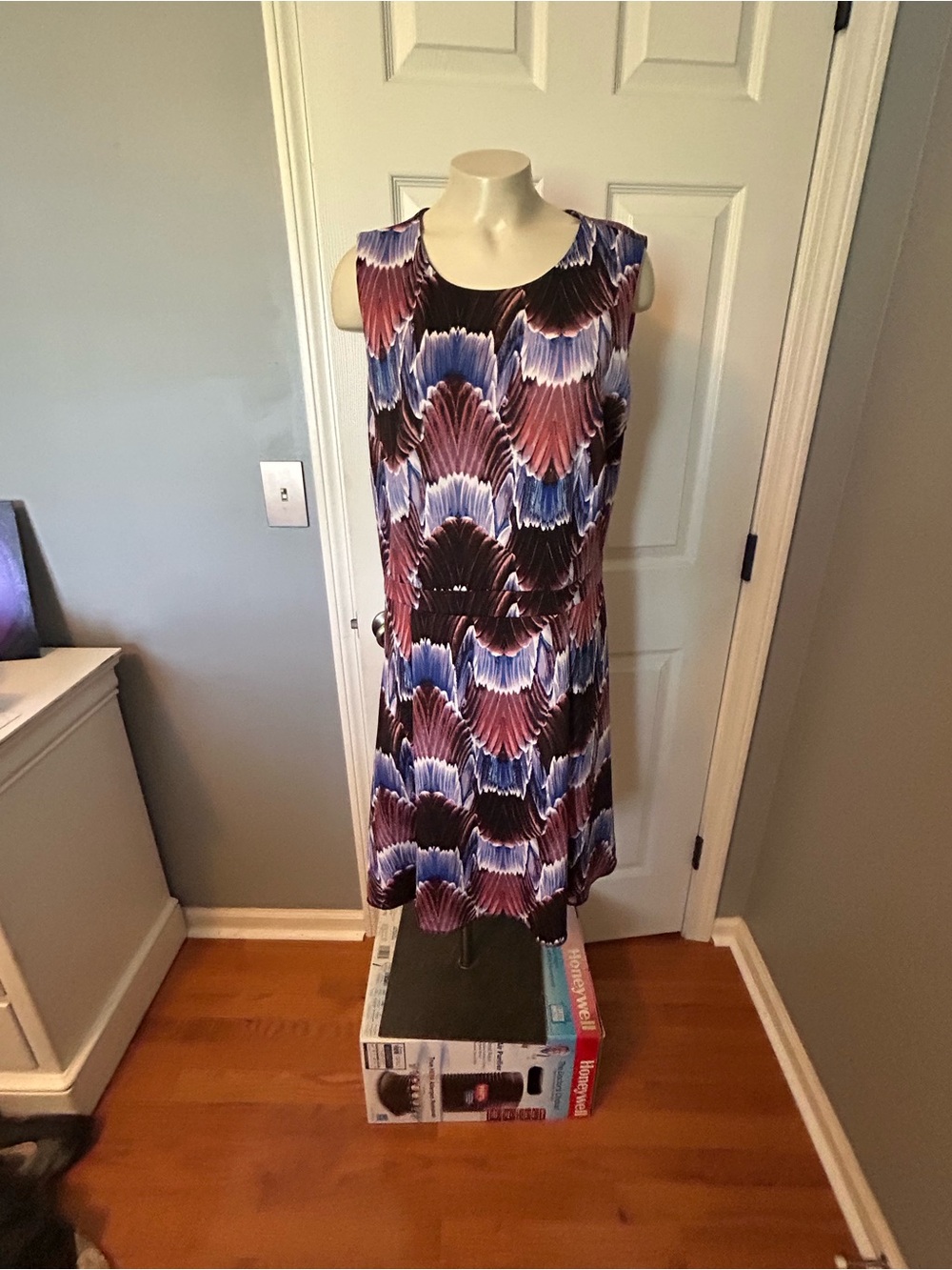 attention Sleeveless A-Line Dress in Blue, Purple, and Black